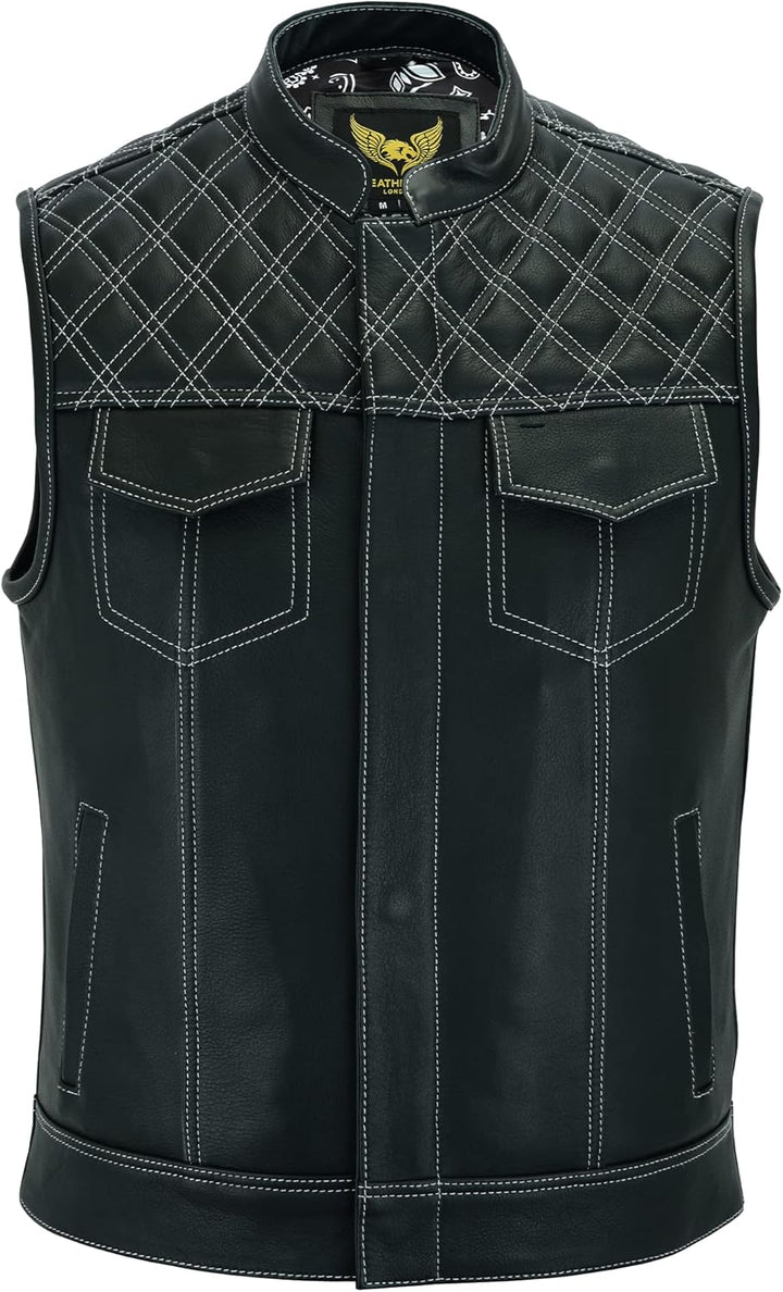 Leatherick Groove Club Herren-Motorradweste aus schwarzem Leder – Bikerweste 48 Schwarz (weisse Raut