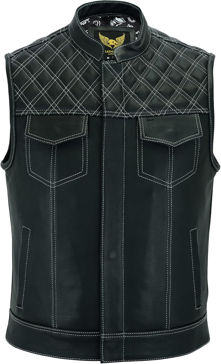 Leatherick Groove Club Herren-Motorradweste aus schwarzem Leder – Bikerweste 48 Schwarz (weisse Raut