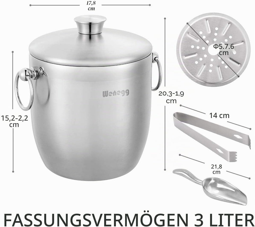 3L Eiskübel Edelstahl mit Deckel, Schaufel, Zange und Sieb – gut verarbeiteter isolierter Edelstahl