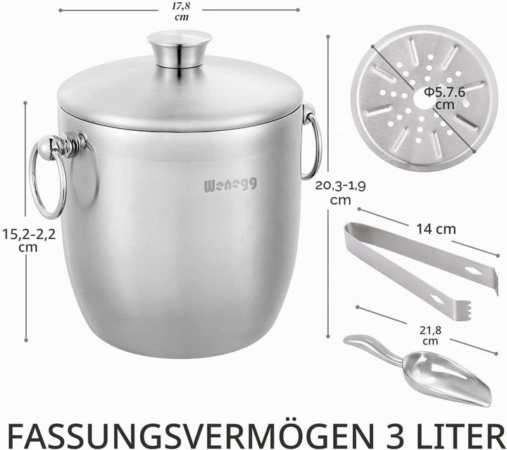 3L Eiskübel Edelstahl mit Deckel, Schaufel, Zange und Sieb – gut verarbeiteter isolierter Edelstahl