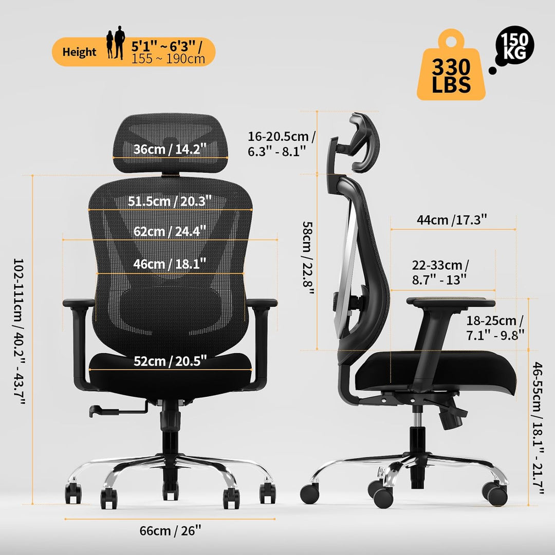 Ergonomischer Bürostuhl mit 3D Lendenstütze & 3D verstellbaren Armlehnen – V-förmiges Rücken-Design,