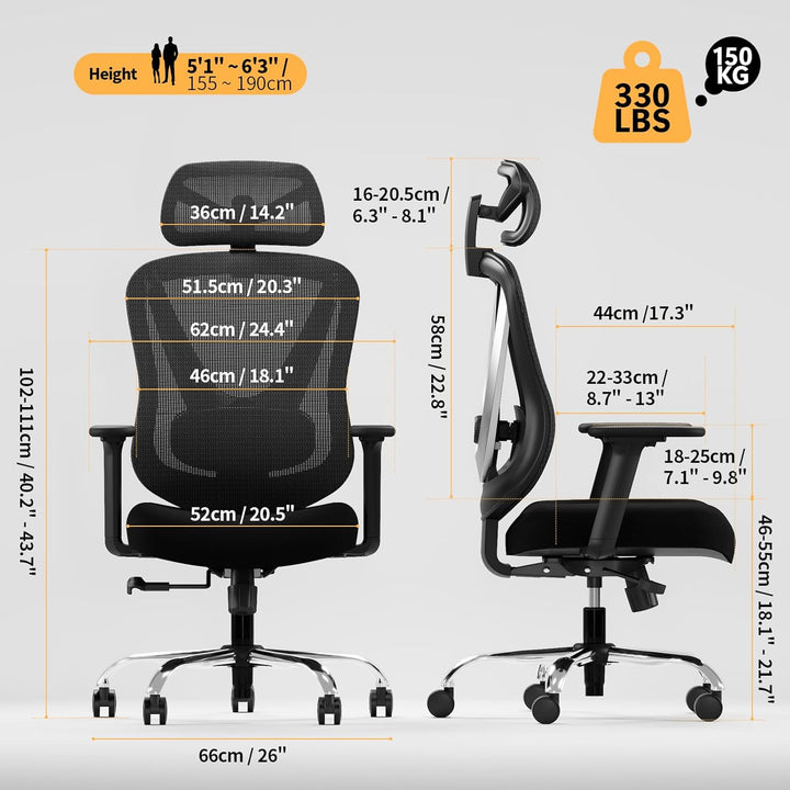 Ergonomischer Bürostuhl mit 3D Lendenstütze & 3D verstellbaren Armlehnen – V-förmiges Rücken-Design,