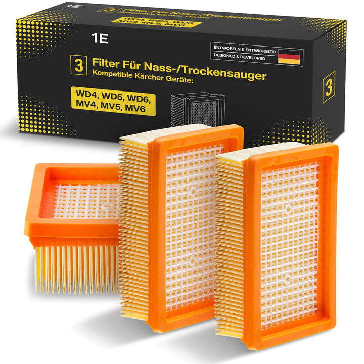3 Filter für Kärcher Staubsauger [WD4, WD5, WD6 / MV4, MV5, MV6] – 3 Flachfaltenfilter für Allergike
