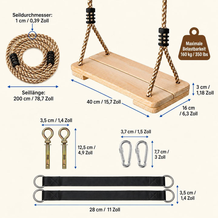EXTFANS Holz Schaukel, Kinderschaukel mit Einstellbares Seil, 40 * 16 * 1,6cm, Baumschaukel bis 100