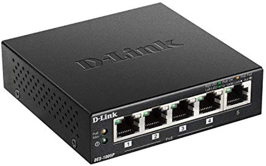 D-Link DES-1005P Fast Ethernet Switch (5-Port Layer2, 10/100 Mbit/s, PoE, einfache Plug & Play-Insta