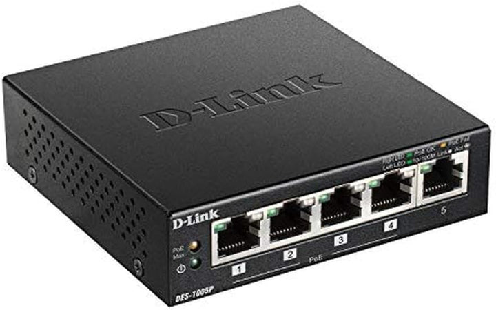 D-Link DES-1005P Fast Ethernet Switch (5-Port Layer2, 10/100 Mbit/s, PoE, einfache Plug & Play-Insta