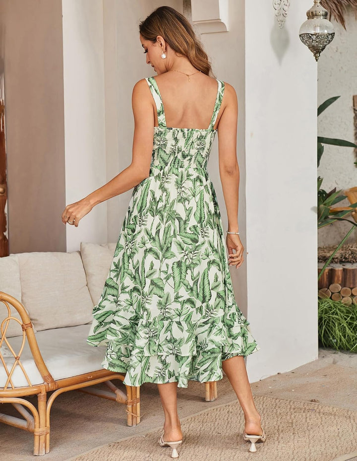 GRACE KARIN Damen langes Blumenkleid Ärmellos Spaghettiträger Freizeitkleid Böhmisch Maxikleid Stran