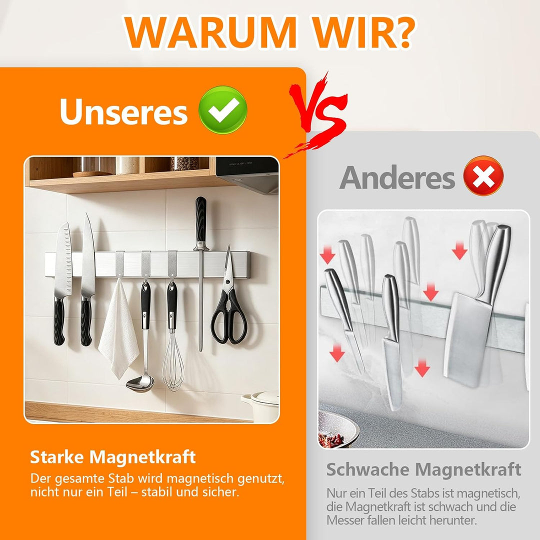 50cm Magnetleiste Messer Selbstklebend mit 3 Haken | Messerhalter Magnetisch, Messermagnete Wand Ohn