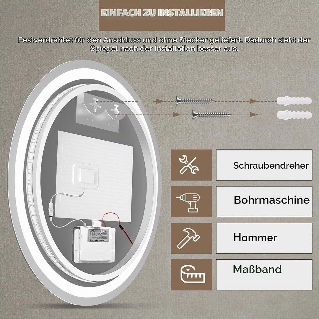 Viugreum Runder Spiegel mit Beleuchtung, 60cm Badspiegel Mit Beleuchtung, Led Spiegel Bad, Badezimme