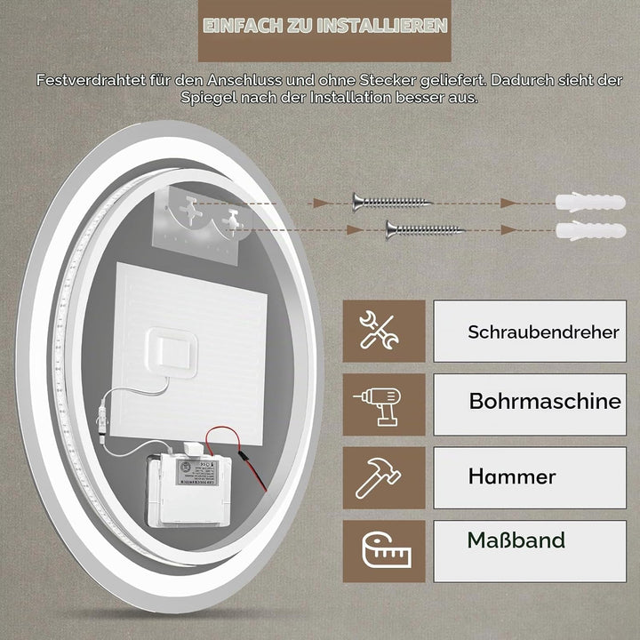 Viugreum Runder Spiegel mit Beleuchtung, 60cm Badspiegel Mit Beleuchtung, Led Spiegel Bad, Badezimme