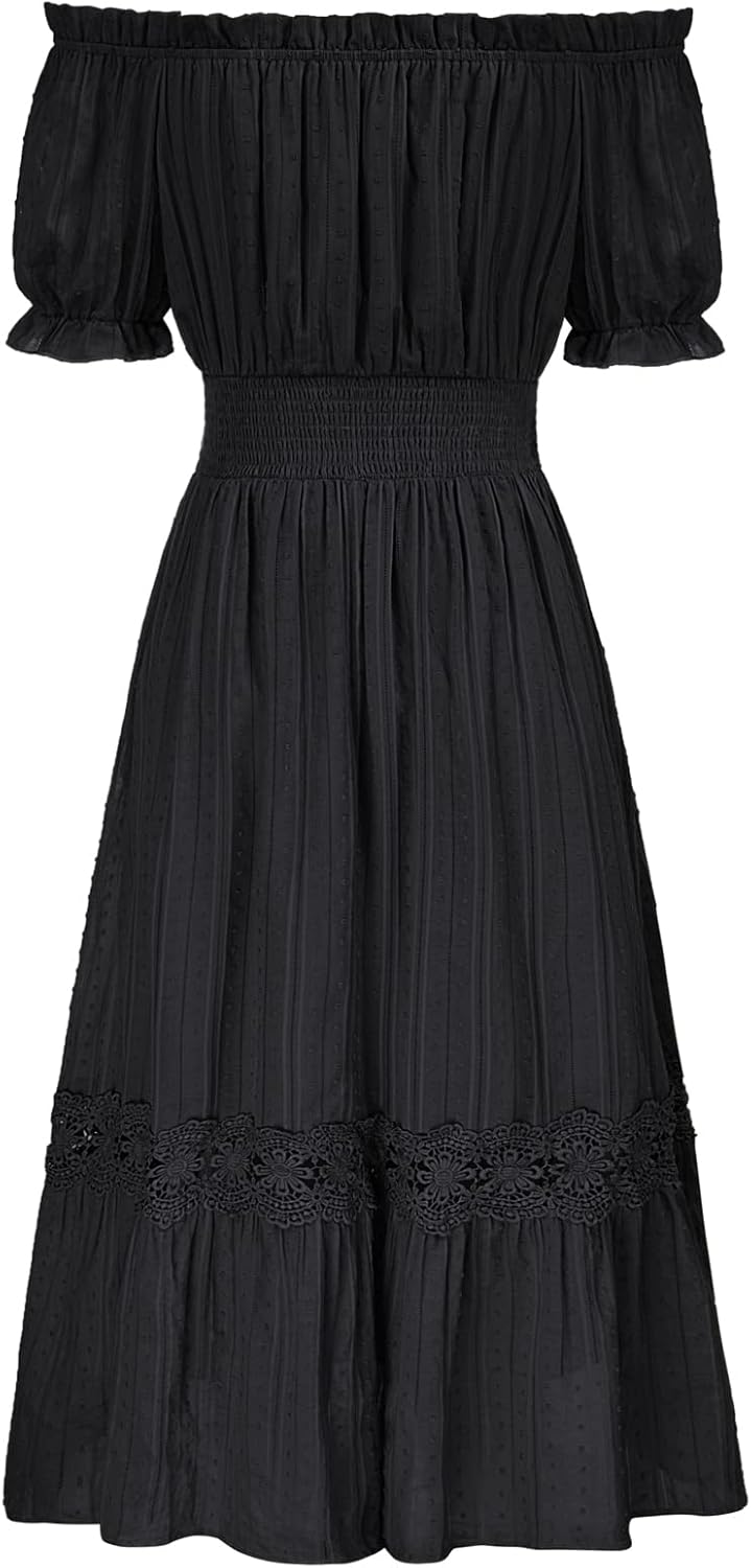 SCARLET DARKNESS Damen Renaissance Kleider Schulterfrei Puffärmel Gesmokte Taille Baumwollkleid S Sc