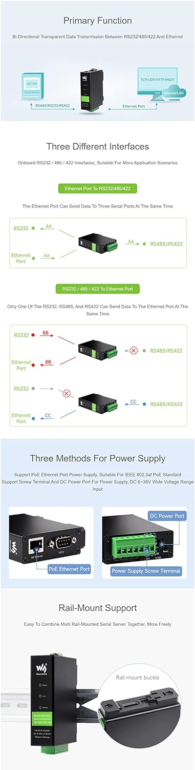 Industrial Isolated RS232/485/422 to RJ45 (ETH) Ethernet Module, with POE Function, Rail-Mount Seria