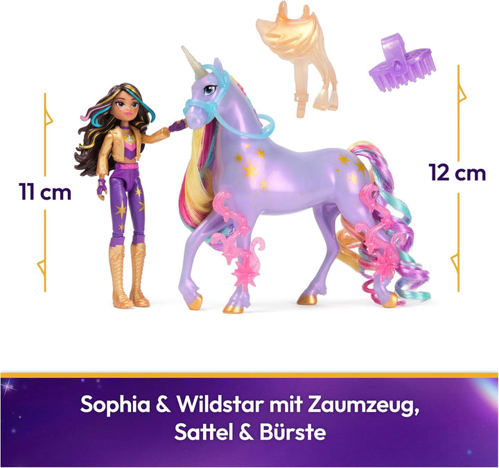 Unicorn Academy Set - Sophia und Einhorn Wildstar mit echter Mähne und Schweif sowie Bürste, ca. 12