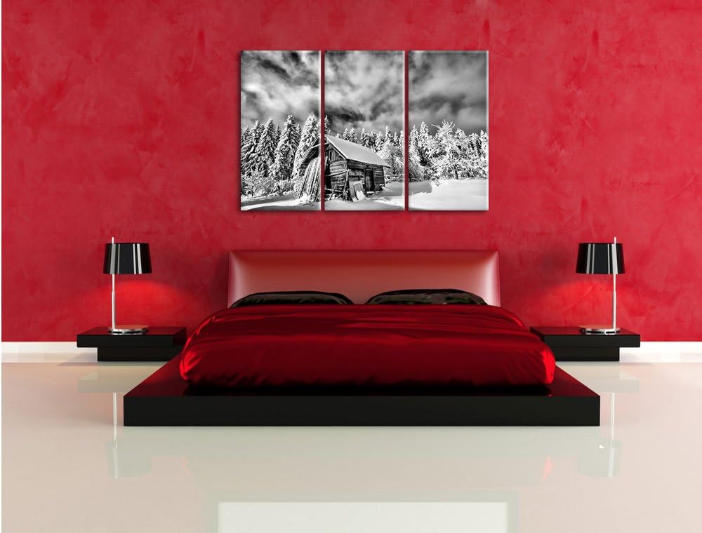 Pixxprint Monocrome, Holzhütte im Schnee 3-Teiler Leinwandbild 120x80 Bild auf Leinwand