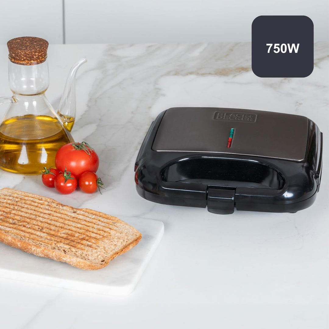 BLACK+DECKER BXSA752 - Sandwichmaker, 750W, Grillplatten 21,5x12,5cm, antihaftbeschichtet, Anzeige f