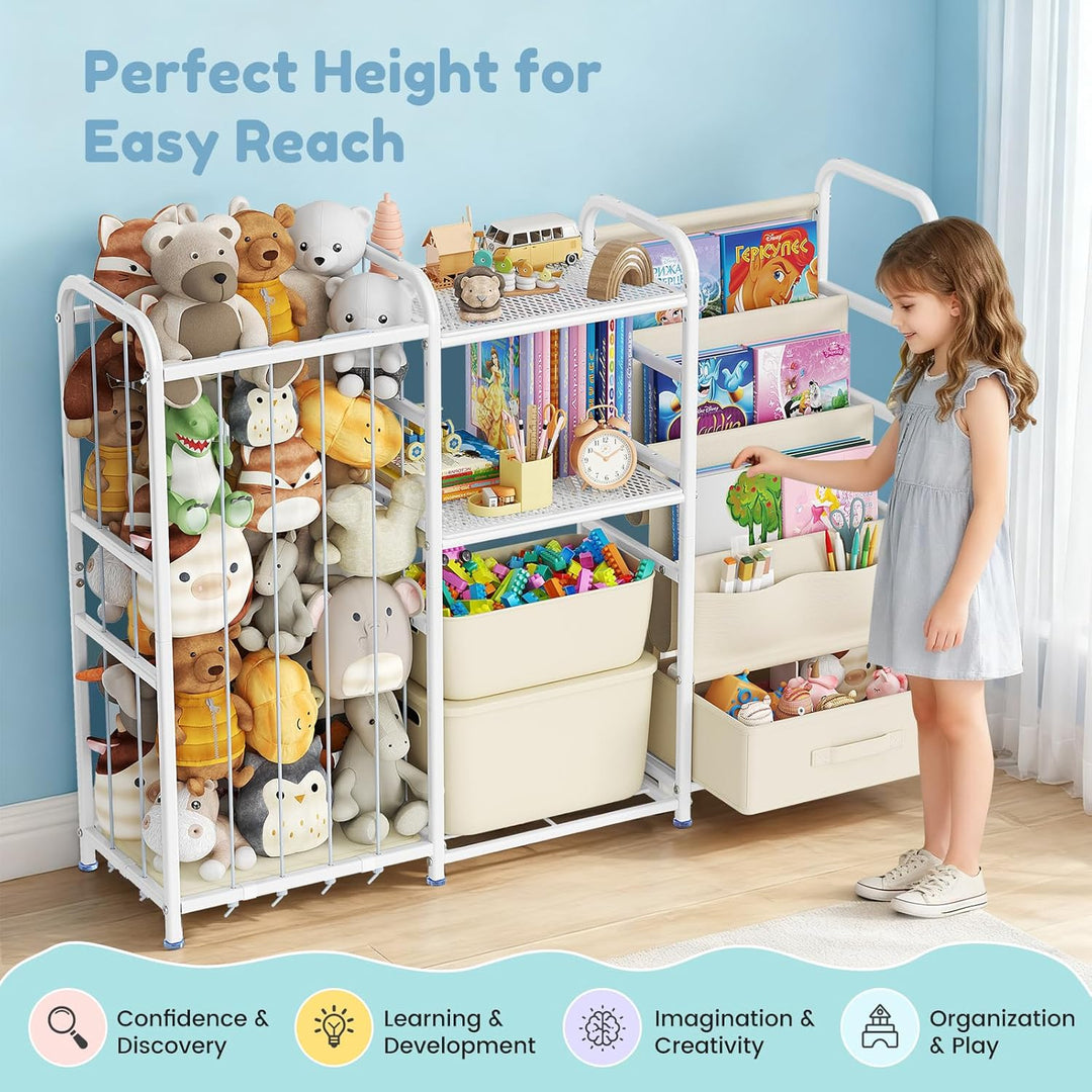 3-in-1 Kinderregal, Spielzeug-Organizer & Bücherregal mit Rädern, Spielzeugkiste & Aufbewahrung für