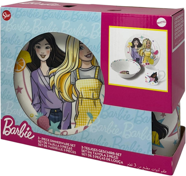 CARTOON Set 3-teilig aus Keramik Barbie Tasse Müslischale Teller Kindergeschirr Tischservice im Set,