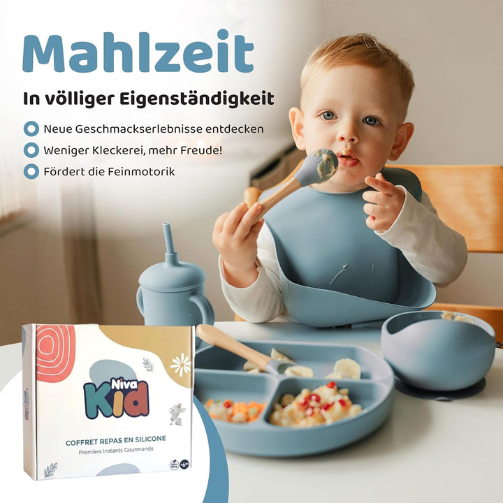 Baby Silikon Geschirr Set, Kindergeschirr Set mit BabyTeller mit Saugnapf, Geschirrset Baby für Beik
