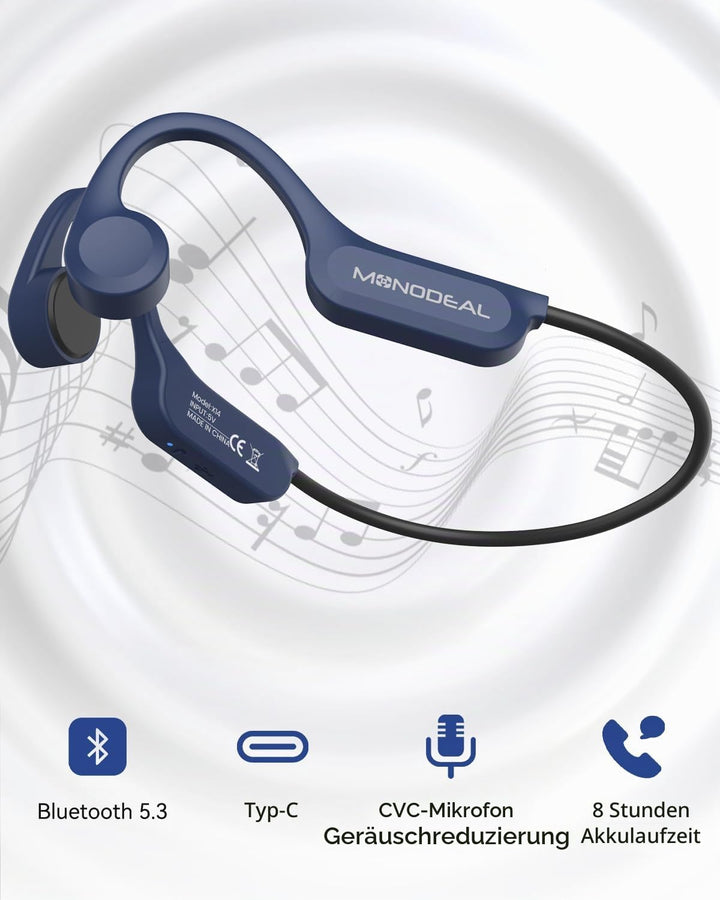 MONODEAL Knochenschall Kopfhörer Bluetooth 5.3 Open Ear Kopfhörer, Typ-C Ladeanschluss, IPX6 wasserd