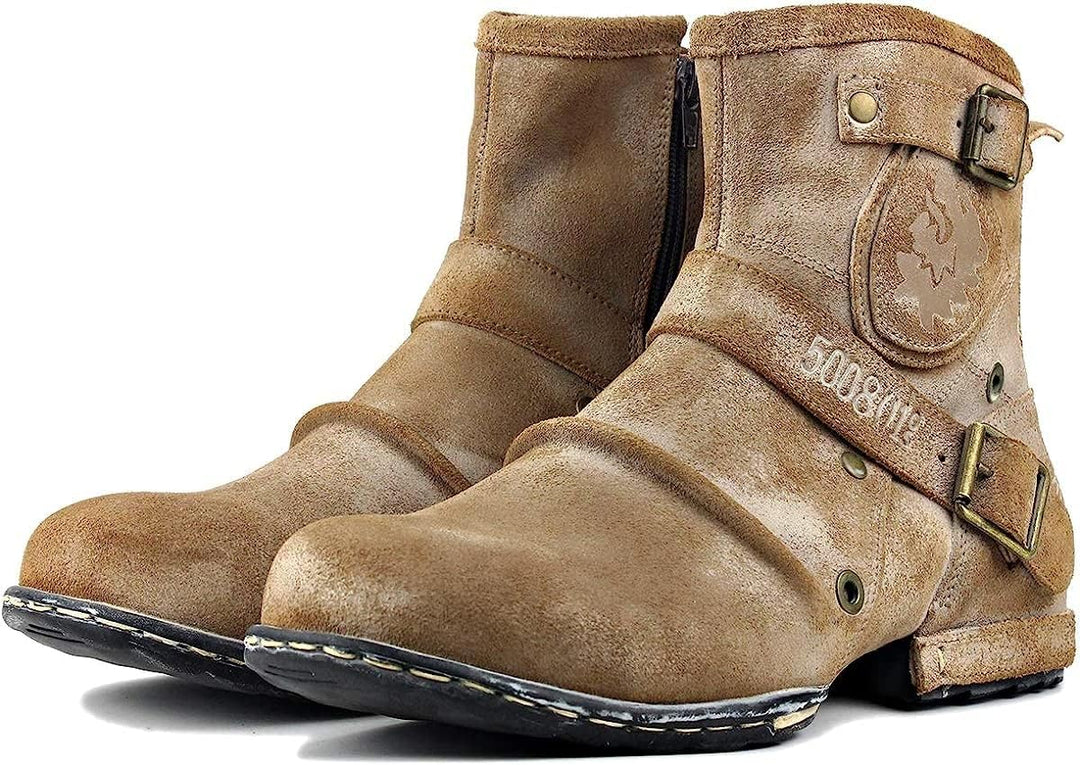 OSSTONE Herren Leder chukkastiefel Worker Biker Boots-Motorrad-Leder-Schuhe für reissverschluss Schn