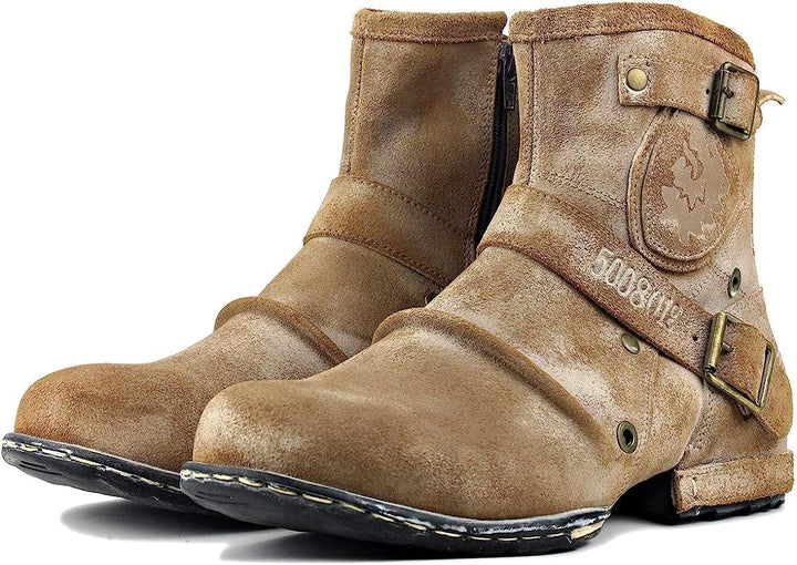 OSSTONE Herren Leder chukkastiefel Worker Biker Boots-Motorrad-Leder-Schuhe für reissverschluss Schn