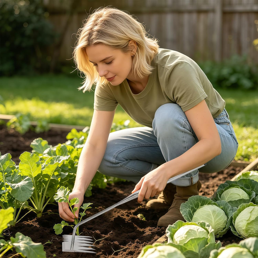 Unkrautentferner, 2-in-1 Unkrautjäter mit langem Stiel, Unkrautrechen und Gartenhacke, Effiziente Un