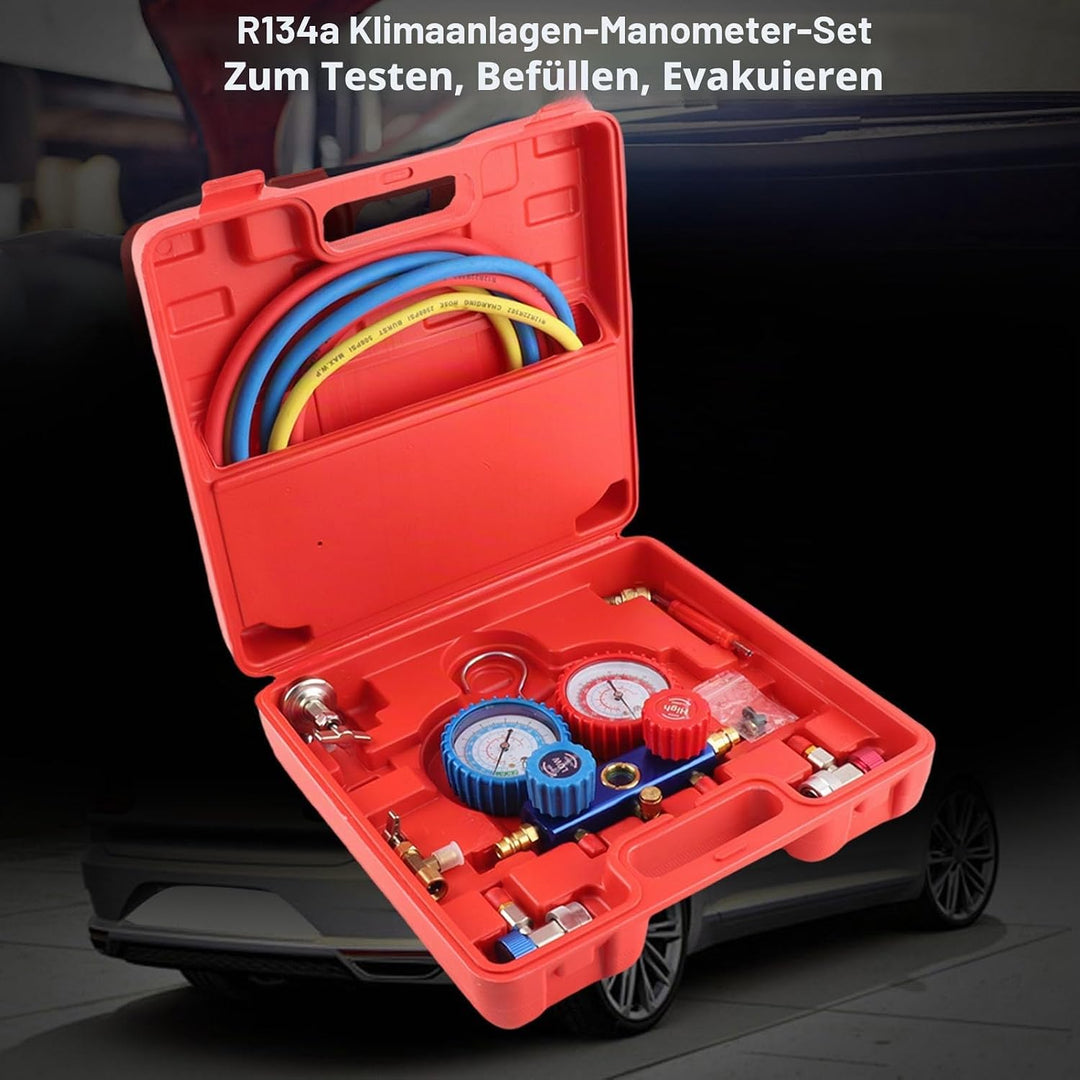 SOULONG R134a Manometer mit dreifarbigen Ladeschläuchen und Adapter, für Klimaanlagen im Auto