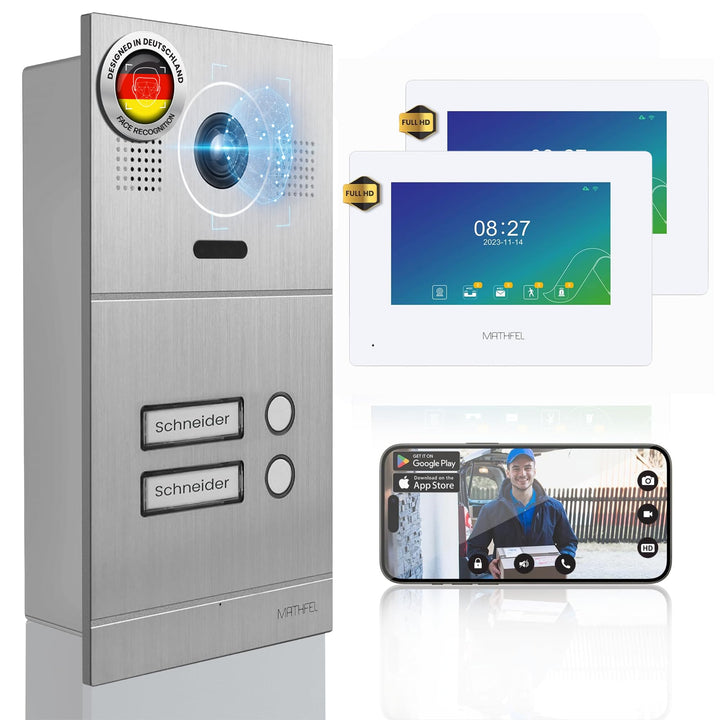 Mathfel 2-Draht IP Video-Türsprechanlage mit Türöffner – Full-HD Kamera, 7" Monitor & App-Steuerung