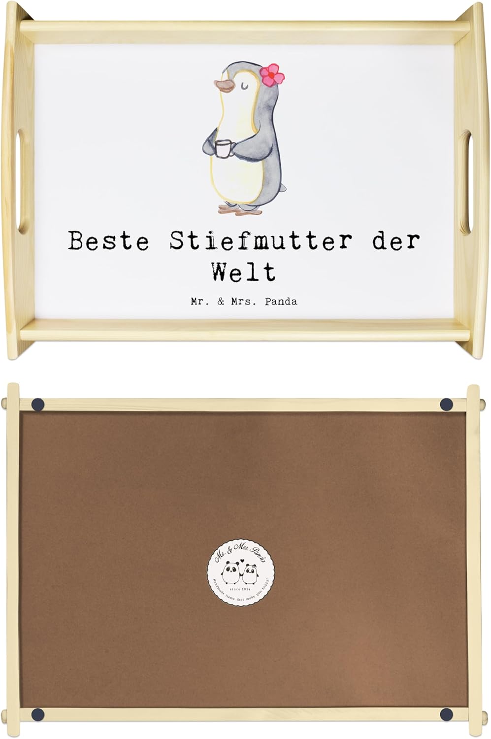 Mr. & Mrs. Panda Serviertablett Stiefmutter - Geschenk, Frühstückstablett, Dekotablett, Danke, Holzt