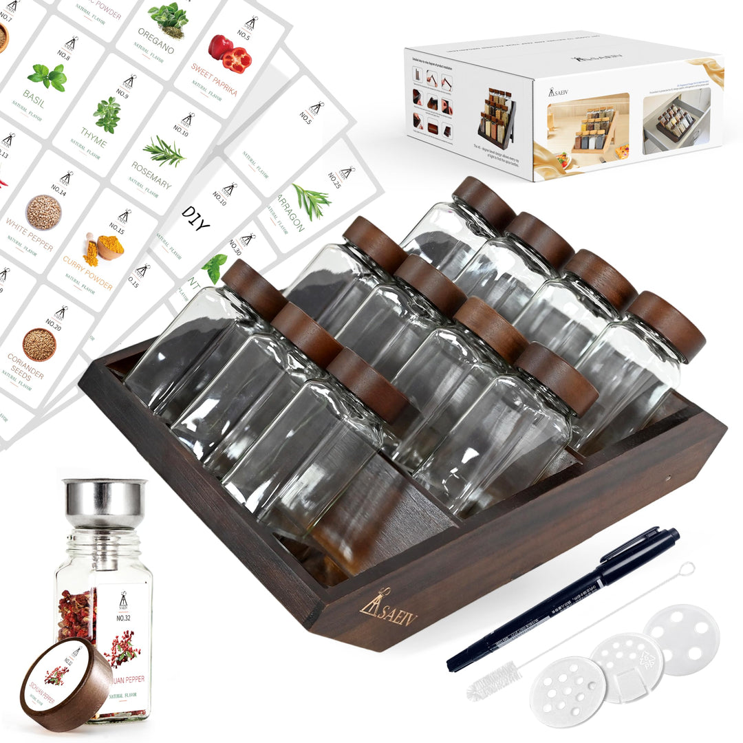 Gewürzregal Schublade mit 2-in-1 Akazien Gewürzregal Holz (FCM®) – 12x120ml Gewürzgläser Eckig, 120
