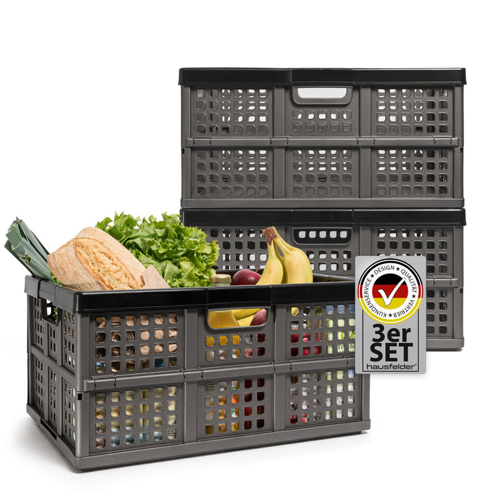 Hausfelder Klappbox 45L 3er Set – faltbare Klappkiste aus Kunststoff, stabiler Klappkorb für Einkäuf