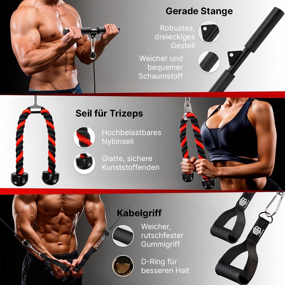 Seilzug Fitness - Pulley System mit 2-in-1-Stange + Trizepsseil + Griffen Equipment Einstellbar Kabe