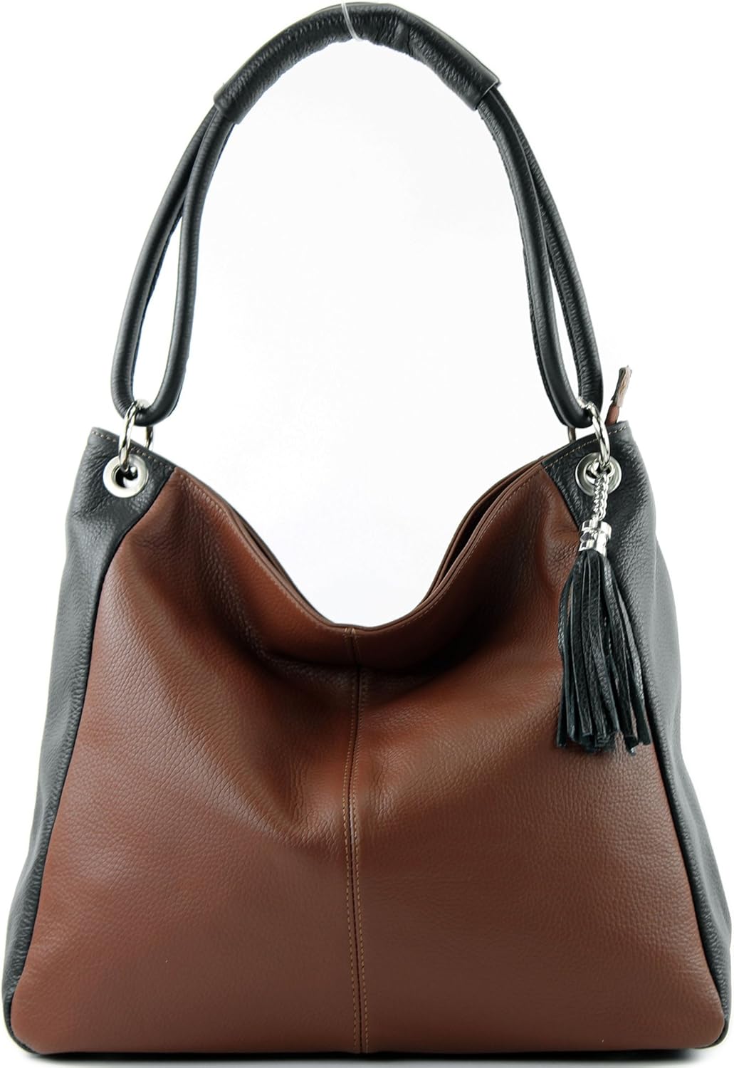 modamoda de - T165 - ital Schultertasche Gross Shopper Leder Braun/Schwarz, Braun/Schwarz