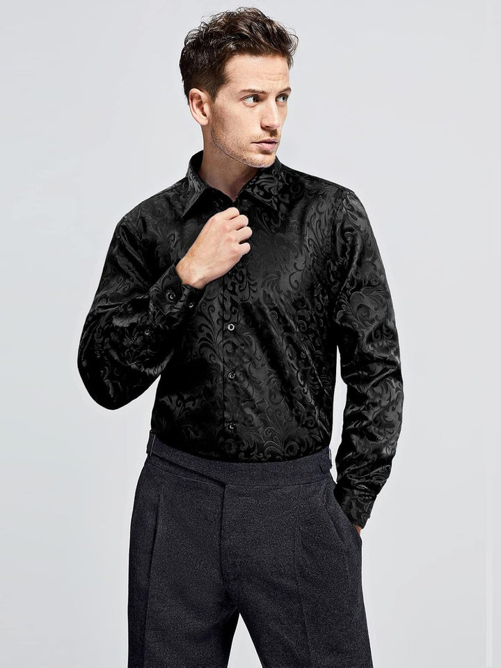 HISDERN Herren Paisley Hemd Langarm Satin Blumen Muster Hemd für Männer Jacquard Stickerei Freizeith