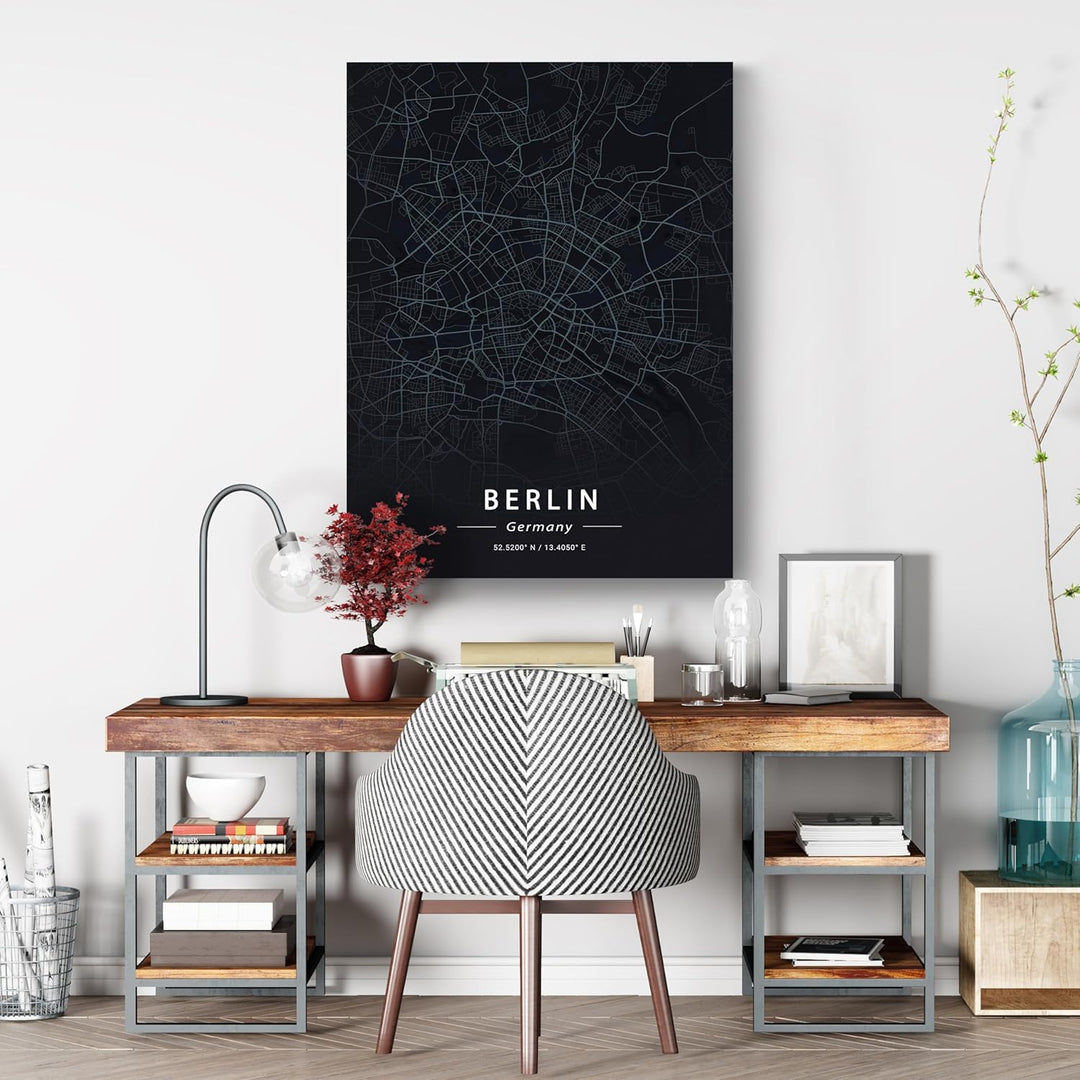 wandmotiv24 Stadt Karte als Leinwandbild, 80x60cm, Hochformat, Berlin, Deutschland, Strassen, Anthra