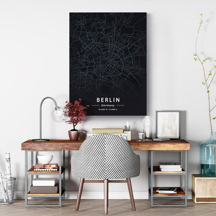 wandmotiv24 Stadt Karte als Leinwandbild, 60x45cm, Hochformat, Berlin, Deutschland, Strassen, Anthra