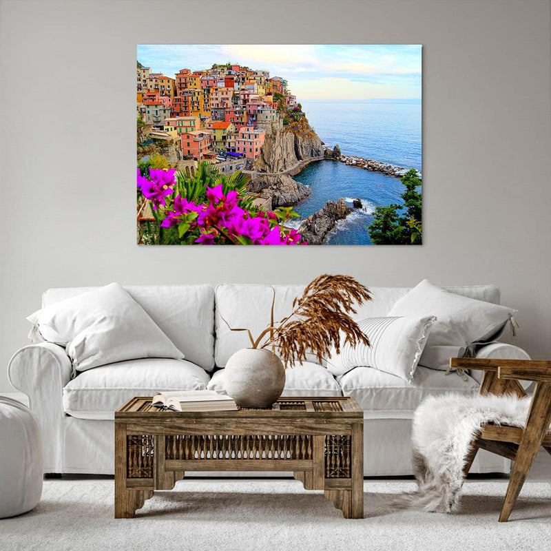 Bilder auf Leinwand 100x70cm Leinwandbild Italien küste felsen landschaft Gross Wanddeko Bild Schlaf