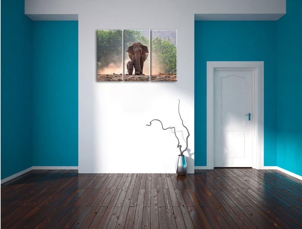 Pixxprint Elefantenbaby mit Mutter / 3-Teilig/Gesamtmass 120cm Leinwandbild bespannt auf Holzrahmen/