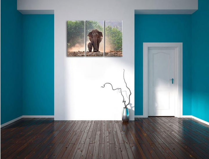 Pixxprint Elefantenbaby mit Mutter / 3-Teilig/Gesamtmass 120cm Leinwandbild bespannt auf Holzrahmen/