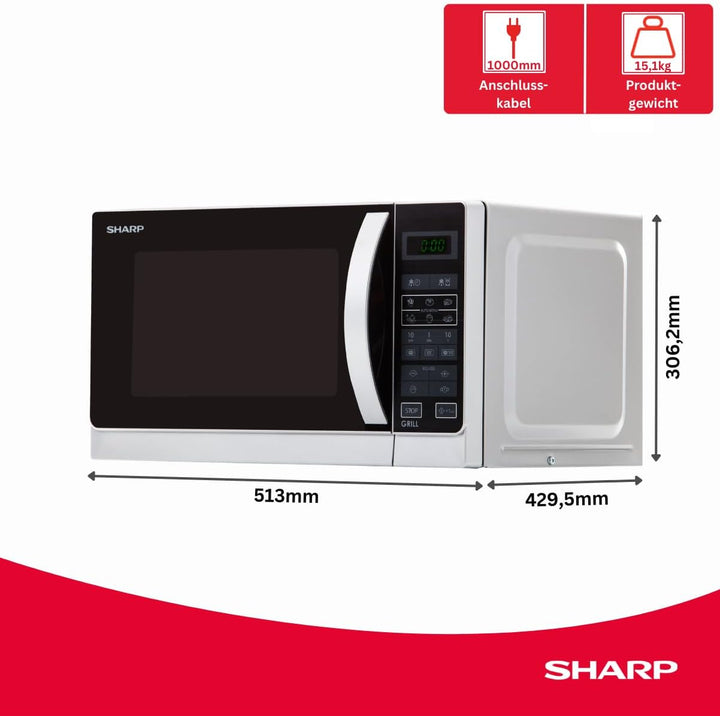 Sharp R742INW 2-in-1 Mikrowelle mit Grill / 25 L / 900 W / 1000 W Grill / LED-Display / 8 Automatikp