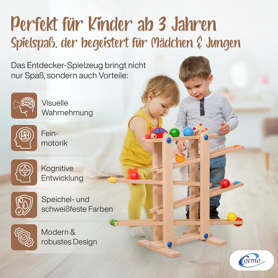 Coemo Kugelbahn Holz 7 Mobile Teile Murmelbahn ab 1 Jahr Motorikspielzeug Lernspielzeug für Babys