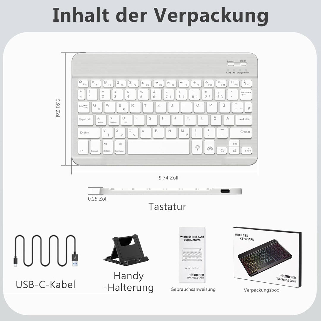 Vobafe Bluetooth Tastatur mit Telefonhalter für iPad Air/Pro/Mini/A16/11/10.9/10.2/iPhone, Kabellose