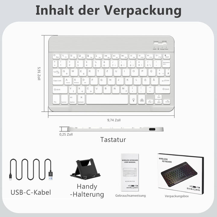 Vobafe Bluetooth Tastatur mit Telefonhalter für iPad Air/Pro/Mini/A16/11/10.9/10.2/iPhone, Kabellose