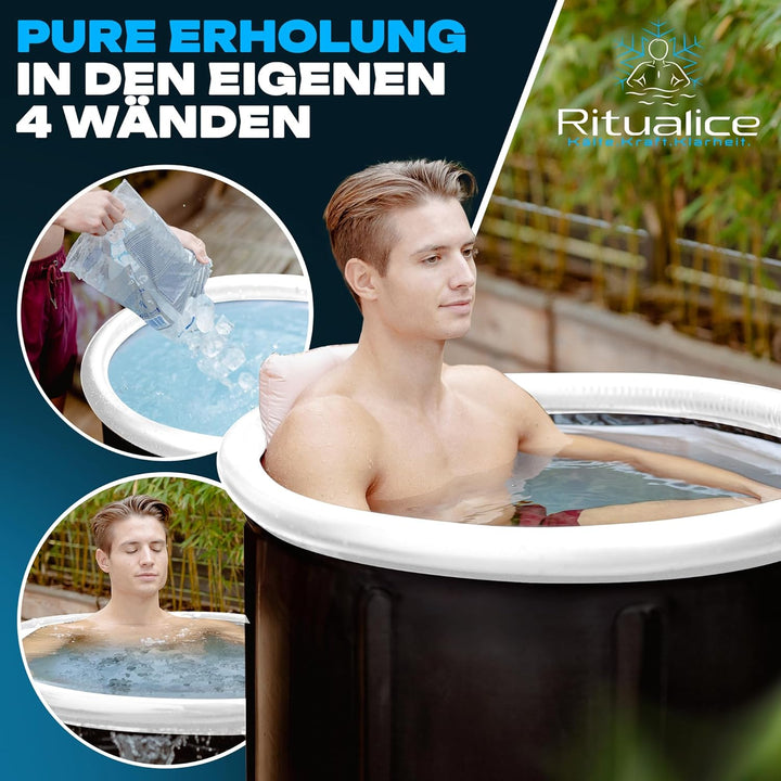Ritualice® Eisbad (80 cm Ø) XL Komplettset - TESTSIEGER - Eistonne Set mit Deckel, Stoffbezug und XL
