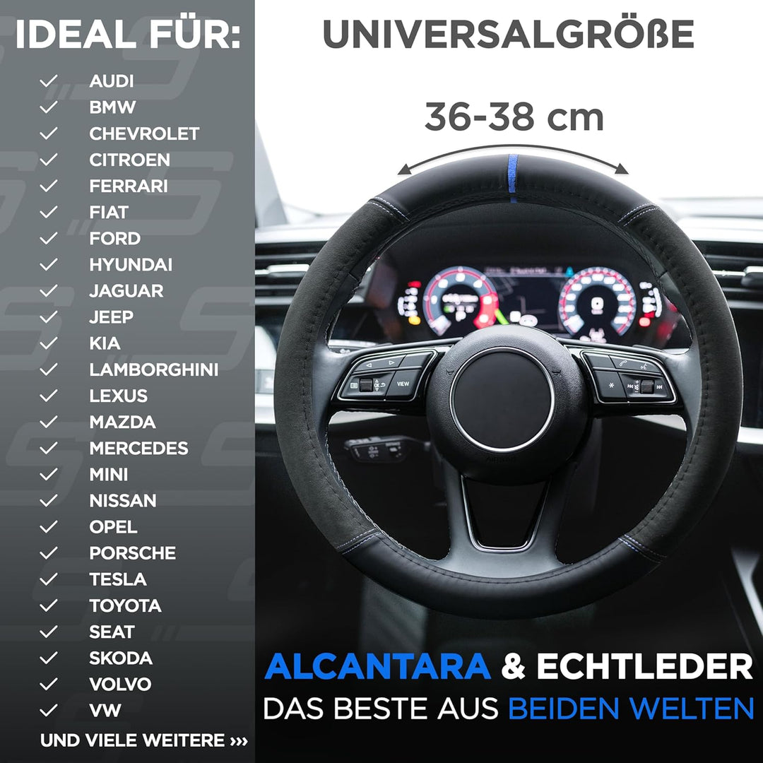 S-TETIC® Premium Lenkradbezug Nappaleder + Alcantara® | Blaue 12-Uhr Markierung | Universal Grösse 3