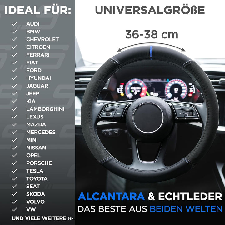 S-TETIC® Premium Lenkradbezug Nappaleder + Alcantara® | Blaue 12-Uhr Markierung | Universal Grösse 3