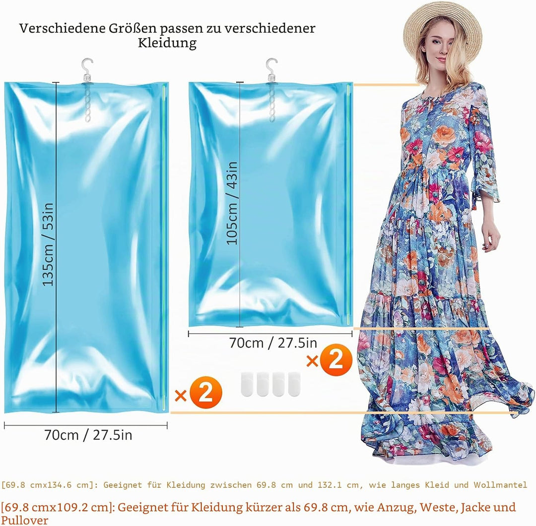 TAILI Hängende Vakuumbeutel für Kleidung, 4 Packungen (2 lange 135x70cm & 2 kurze 105x70cm), Blau Va