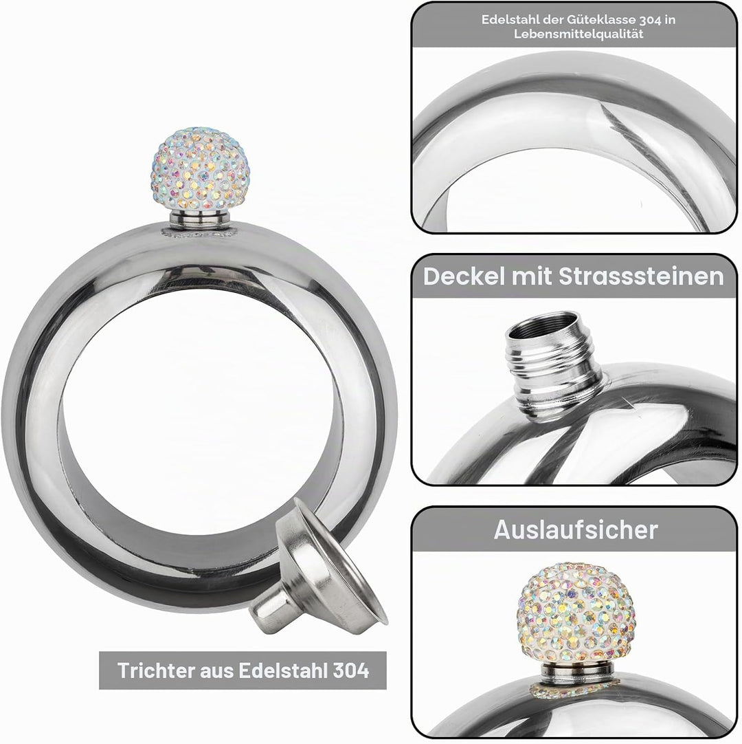TOPTIE 3,5 Oz Armreif Flachmann Edelstahl, Kristalldeckel Armband Flachmann mit Trichter, Geschenkbo