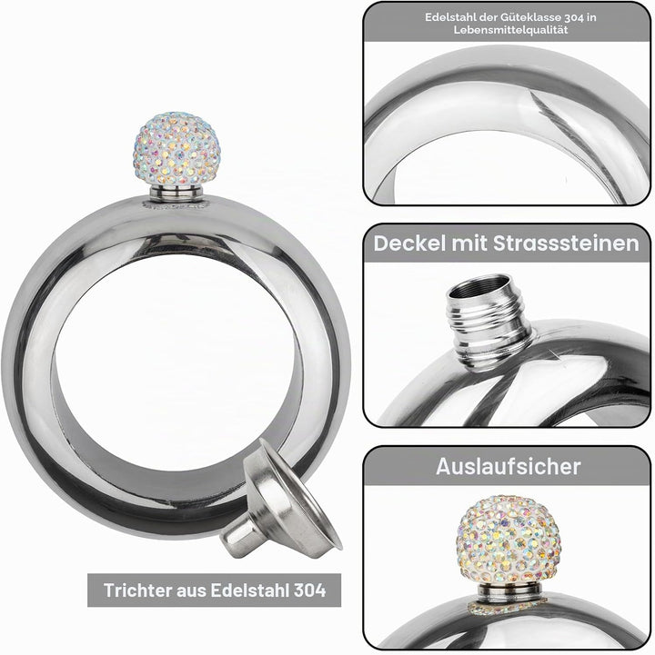 TOPTIE 3,5 Oz Armreif Flachmann Edelstahl, Kristalldeckel Armband Flachmann mit Trichter, Geschenkbo