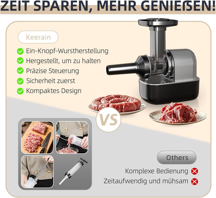 Elektrischer Wurstfüller, Fleischwolf mit Fleischbällchen-Aufsatz und 3 Wurstaufsätzen, Küchenmaschi